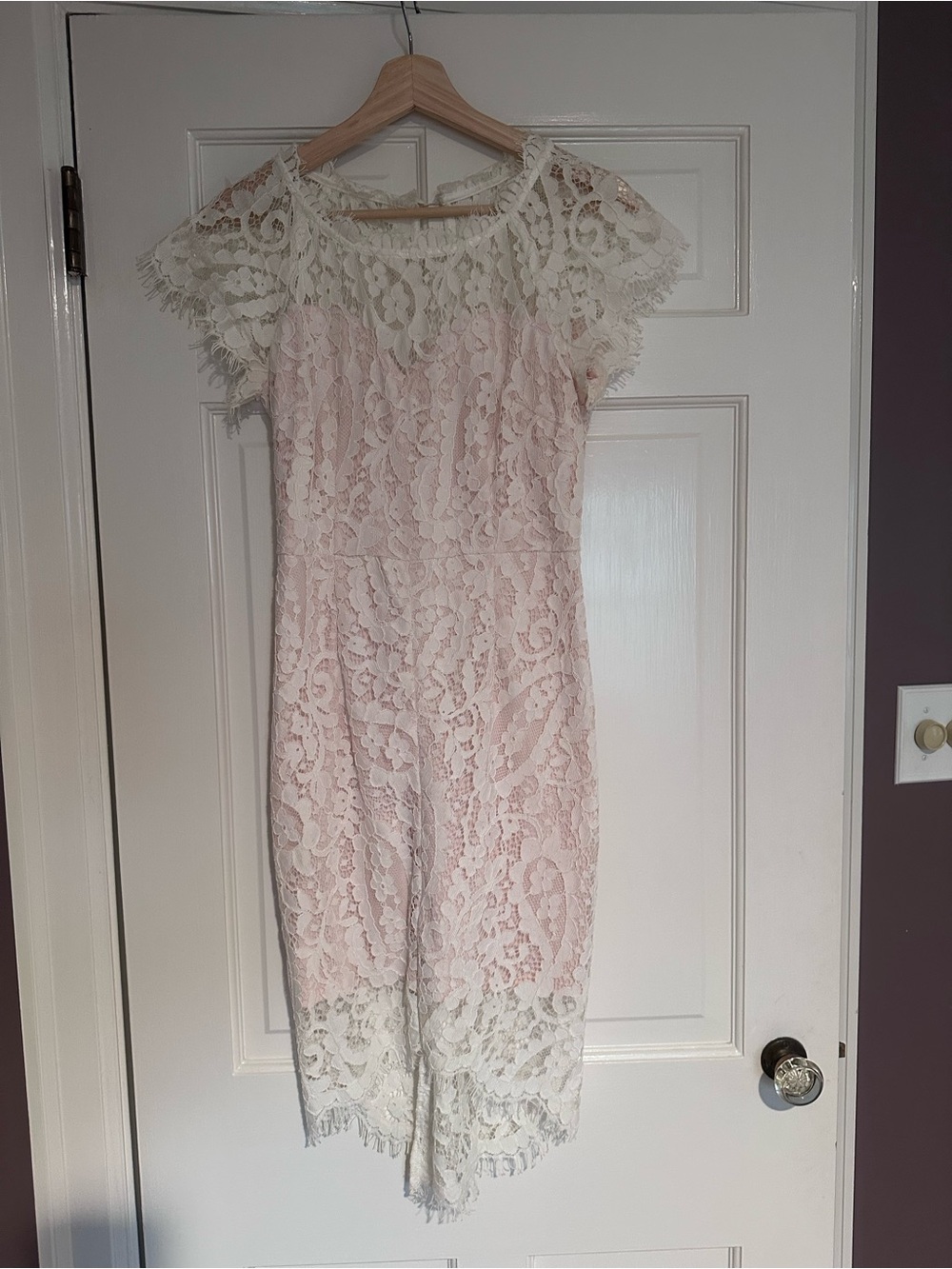 Soiéblu White Lace Sheath Midi Dress with Pink Lining - Size S